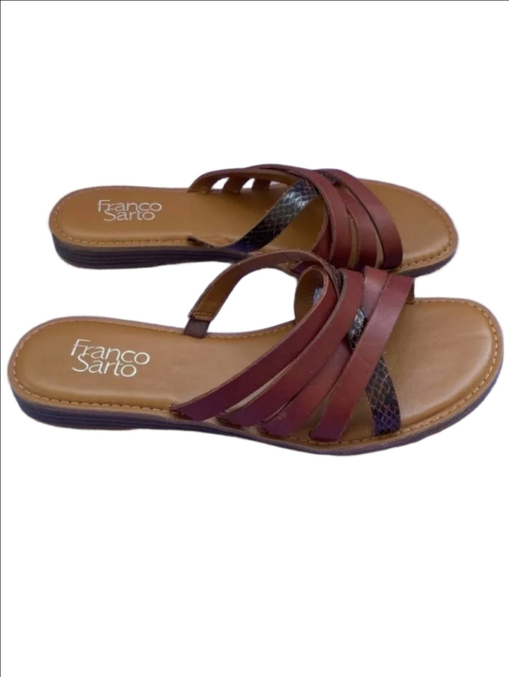 Franco Sarto Graceleigh Brown and Black Leather Multi-Strap Slide Flat Sandals 8
